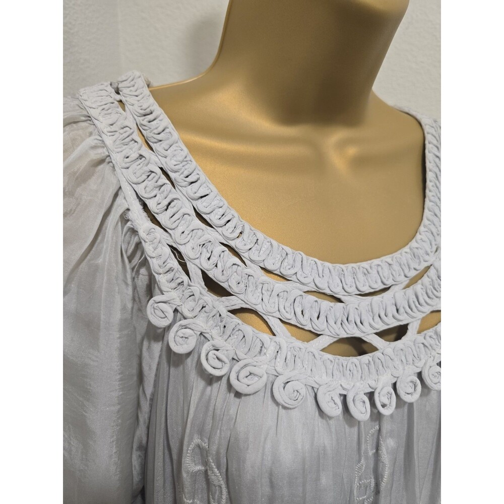 Tempo Paris Silk Blend Top Womens Oversized Small Gray Embroidered Peasant Boho - Picture 2 of 8